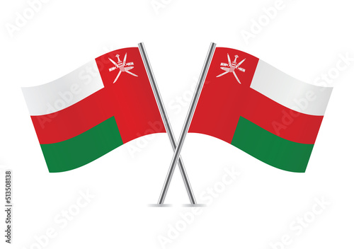 Oman crossed flags. Omani flags on white background. Vector icon set. Vector illustration.
