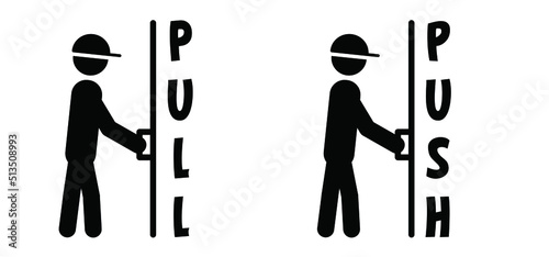 Push and pull door to open and exit icon or symbol, Stickman, stick figure man with door sign. Forward or backward, pulling or pushing yourself. Output, input pictogram