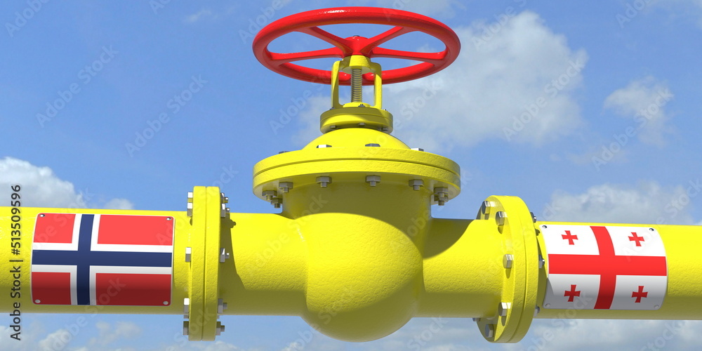 NORWAY GEORGIA oil or gas transportation concept, pipe with valve. 3D rendering NORWAY GEORGIA oil or gas transportation concept, pipe with valve. 3D rendering