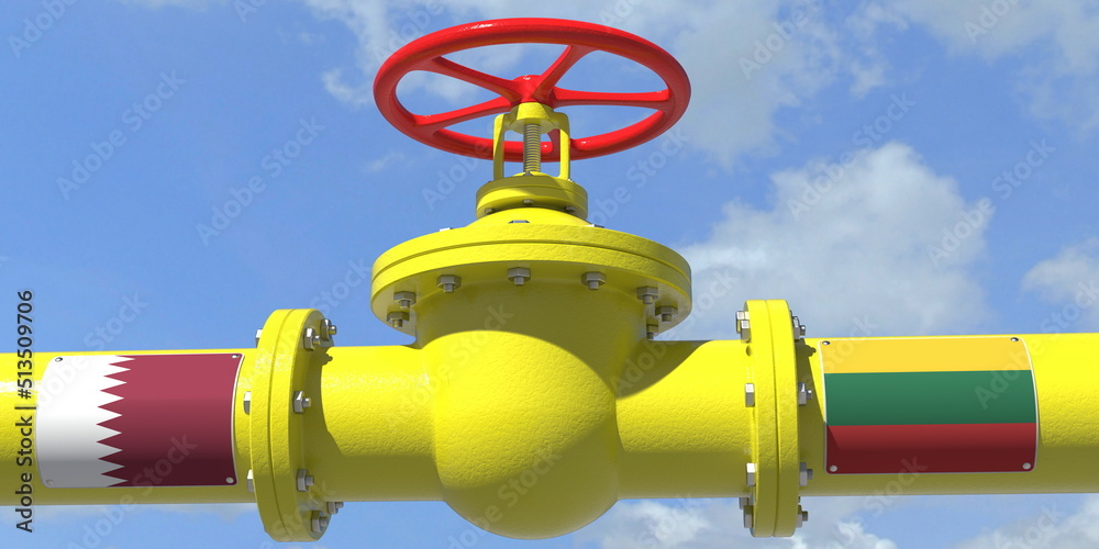 QATAR LITHUANIA gas or oil transit concept. Pipe with valve, 3D rendering QATAR LITHUANIA gas or oil transit concept. Pipe with valve, 3D rendering