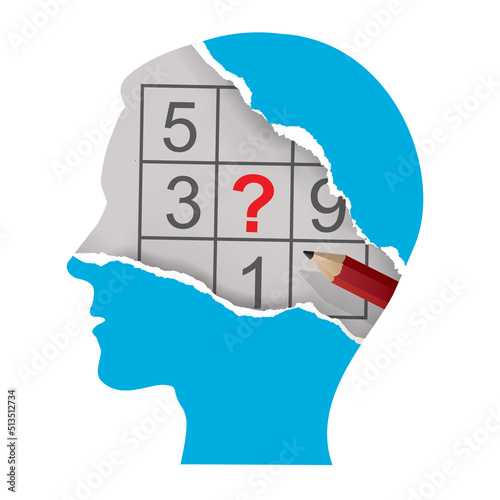 
Torn paper Male head with sudoku and Pencil. 
Stylized male head silhouette of sudoku player. Vector available.