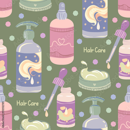 Various hair care products, hair balm, oil, spray and hair wax. Vector seamless Pattern. Green background, wallpaper, cartoon style