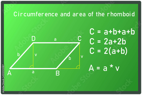 The graphic representation of the circumference and area of a rhomboid with an equation on a green board