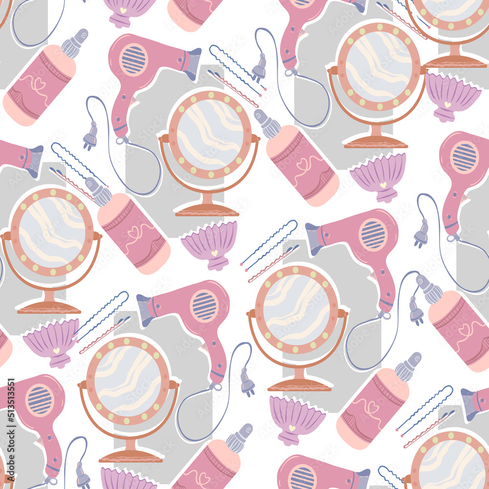 Various hair care items, Mirror, hair dryer, thermal protection spray, crab hairpin. Vector seamless Pattern. Light background, wallpaper, cartoon style