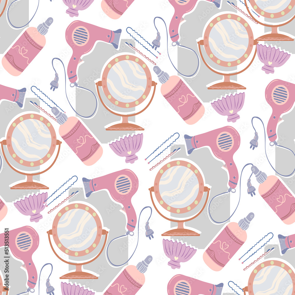 Various hair care items, Mirror, hair dryer, thermal protection spray, crab hairpin. Vector seamless Pattern. Light background, wallpaper, cartoon style Various hair care items, Mirror, hair dryer, thermal protection spray, crab hairpin. Vector seamless Pattern. Light background, wallpaper, cartoon style