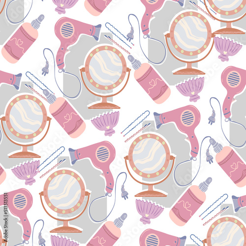 Various hair care items, Mirror, hair dryer, thermal protection spray, crab hairpin. Vector seamless Pattern. Light background, wallpaper, cartoon style