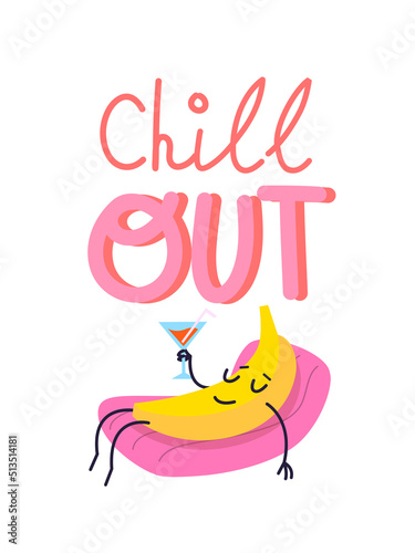 Cartoon image with slogan. Banana character sunbathing, relaxing at mattress in pool with cocktail.  photo