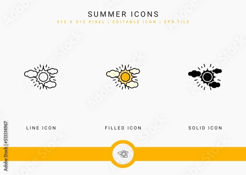 Summer icons set vector illustration with solid icon line style. Beach vacation concept. Editable stroke icon on isolated white background for web design, user interface, and mobile application