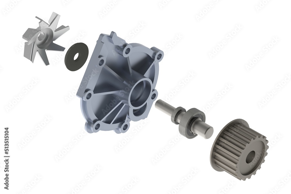 Car water pump exploded view 3D rendering isolated on white