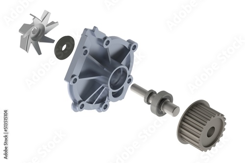 Car water pump exploded view 3D rendering isolated on white