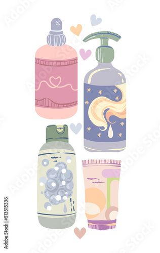 Various hair care items, shampoo, balm, mask and hair lotion. Vector illustration for postcards, stickers, posters. Cartoon style