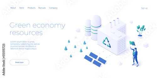 Green economy and environment protection concept in isometric vector illustration. Esg and climate change. Sustainable power for clean earth environment