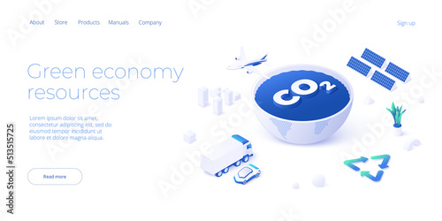 Green economy and renewable energy concept in isometric vector illustration. Solar electric panels and wind turbines. Sustainable power plants for clean earth environment