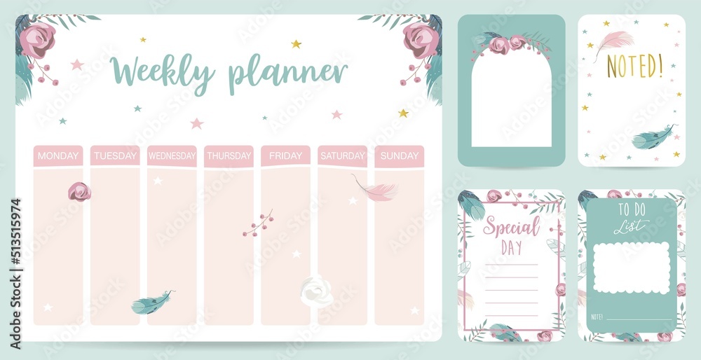 cute weekly planner background with flower,feather.Vector illustration for kid and baby cute weekly planner background with flower,feather.Vector illustration for kid and baby