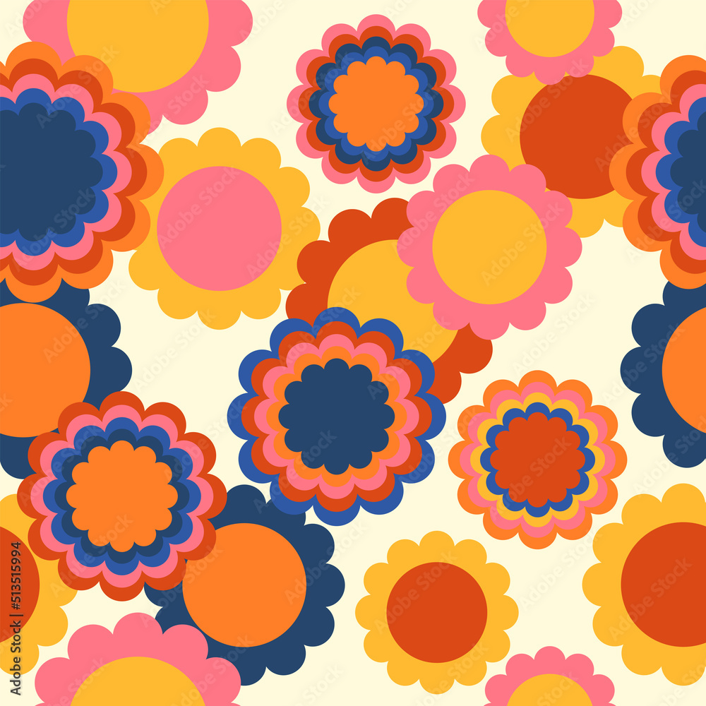 Hippie retro vector seamless pattern. Nostalgic 70s groovy print with geometric flowers. Vintage floral background. Textile and surface design in old fashioned colors
