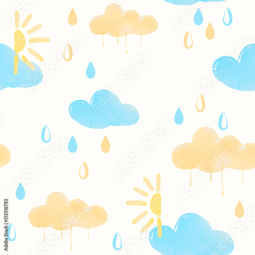 abstract seamless pattern with blue and yellow watercolor shapes 