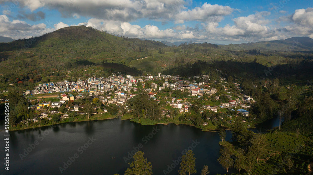 Top view of town of Maskeliya among the mountains and tea plantations. Sri Lanka.