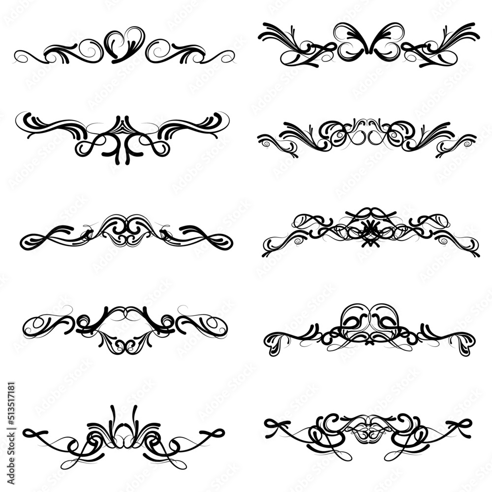 set of swirl border calligraphy and dividers decorative vector in vintage style on white background, collection retro element in black line doodle hand drawn illustration design