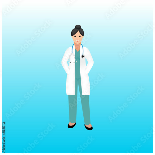 Lady doctor character wearing uniform and stethoscope. Healthcare and medicine vector concept.