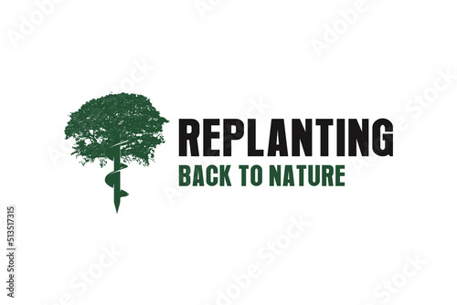 Replanting tree logo silhouette oak tree with drill planting eco green icon symbol