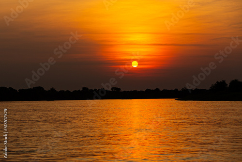 Beautiful sunset in northern Pantanal  world s largest wetlands. Wild brazil  brazilian wildlife and nature  amazing landscape  riverside  by the boat.