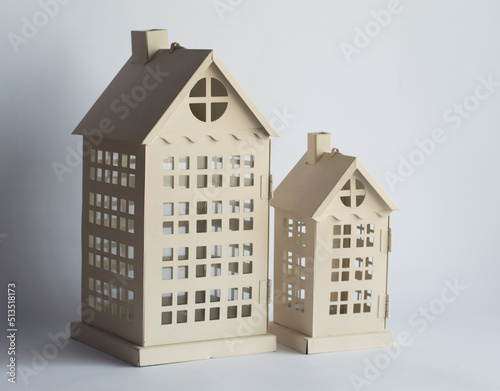 Small house shape metal candle holders isolated