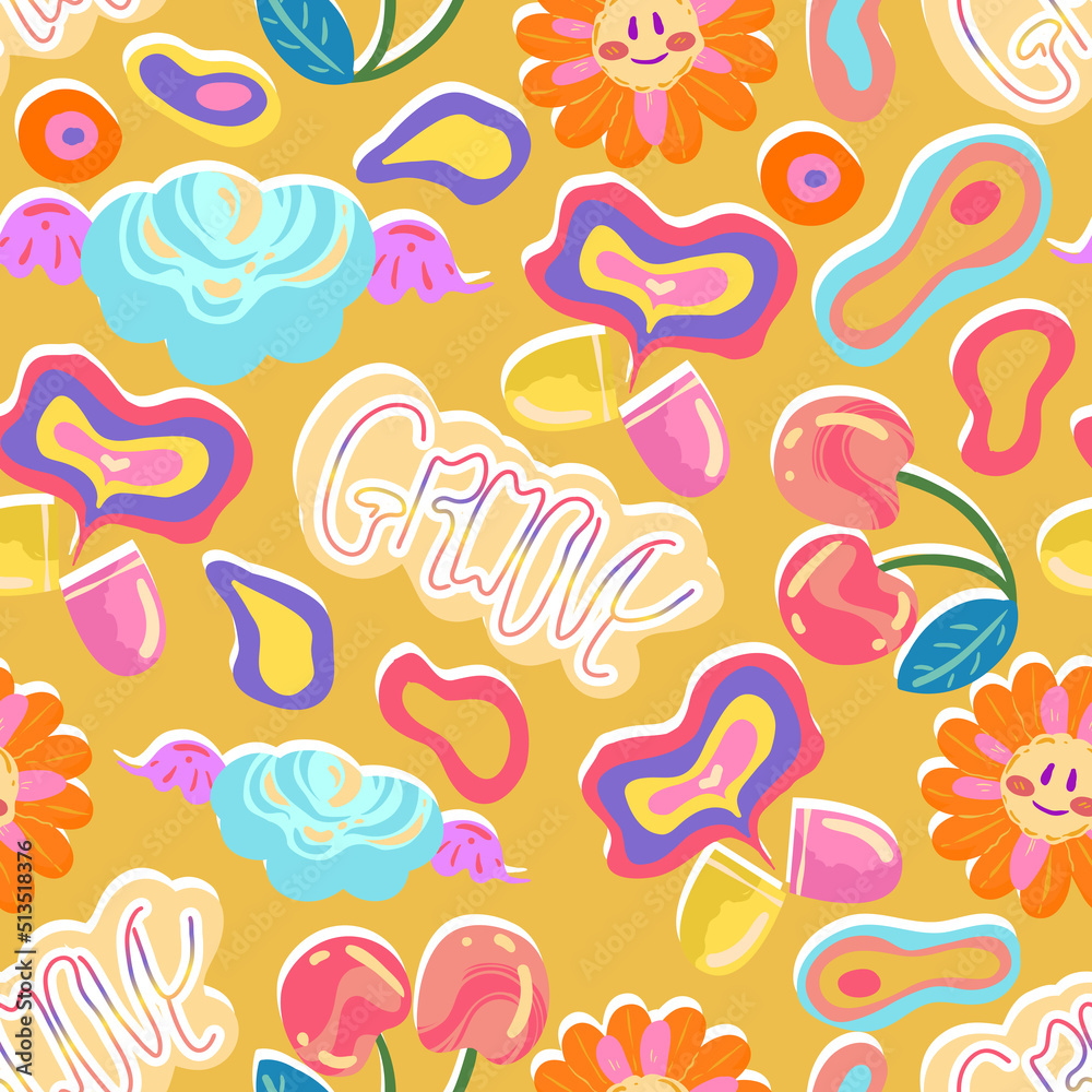Groovy retro style. Hippie elements. Various stickers, cherries, cloud, chamomile, vitamin. Vector seamless Pattern. Yellow background, wallpaper, cartoon style