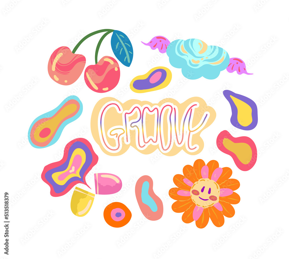 Groovy retro style. Vector illustration. Hippie elements. Various stickers, cherries, cloud, chamomile, vitamin. Postcards, stickers, posters. Cartoon style Groovy retro style. Vector illustration. Hippie elements. Various stickers, cherries, cloud, chamomile, vitamin. Postcards, stickers, posters. Cartoon style