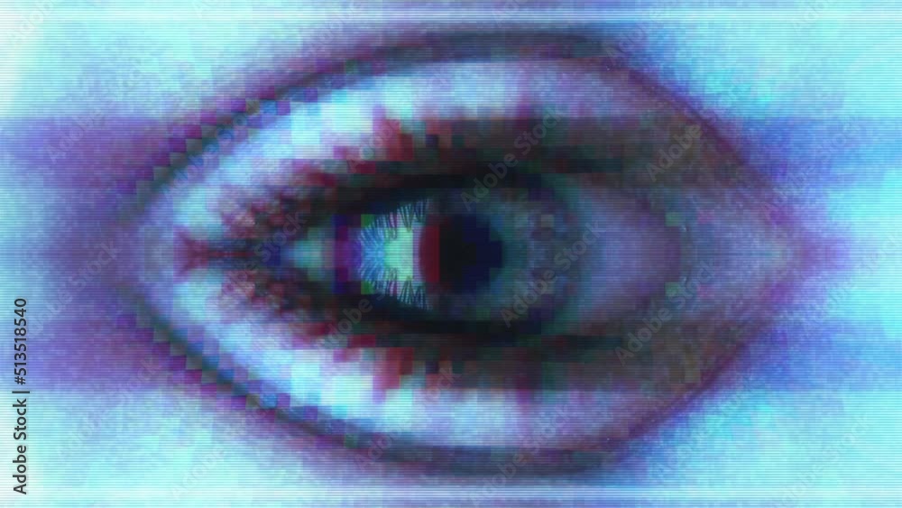 Trippy video of an eye with digital effects depicting third eye or surveillance. Apt for scary, technology or sci fi videos.