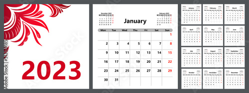 Planner calendar for 2023 with a beautiful cover, basic template. The week starts on Monday. Vector illustration