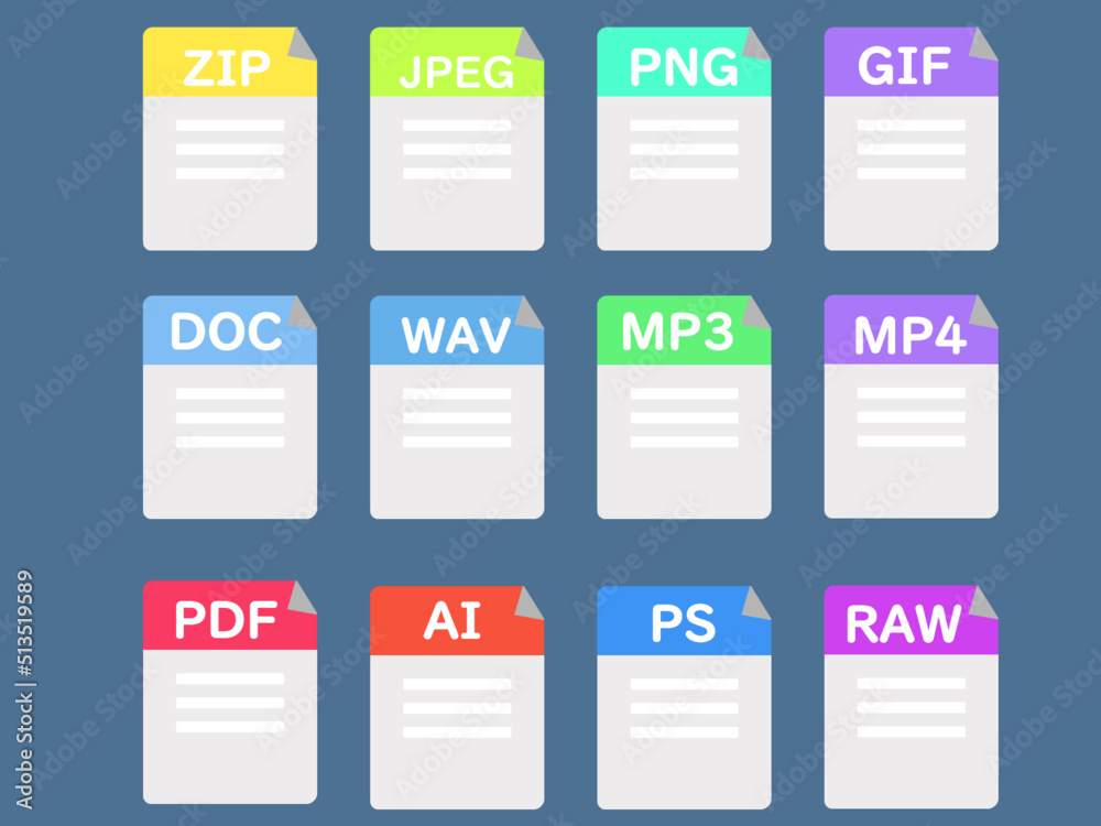 Document files. Icon set. File formats. Set of web icon.  zip, jpeg, png, gif, doc, wav, mp3, mp4, pdf, ai, ps and raw. Vector illustration
