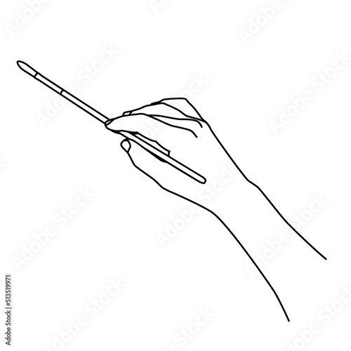Hand holding a brush hand drawn with thin line