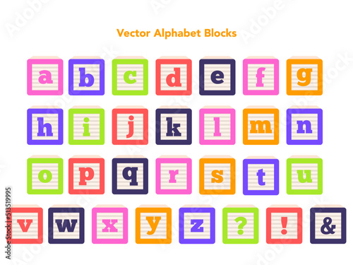 Set of colorful cartoon flat vector alphabet baby blocks. Font made of ABC cubes with letters.  © ollysweatshirt