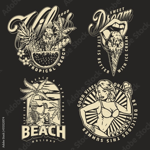 Tropical holiday set elements monochrome