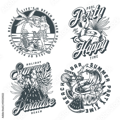 Beach party set elements monochrome