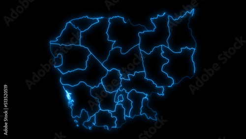 Outline Map of Cambodia with Provinces in Black Background