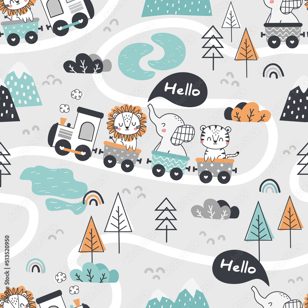 Zoo Background Train Set Cute animals on train seamless pattern. Happy elephant, tigr and lion ...