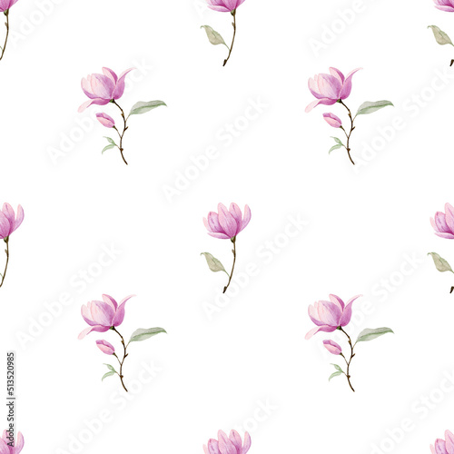 Watercolor Seamless Magnolia Pattern with pink Flowers on white Background. Hand drawn botanical backdrop for textile or wrapping paper design. Floral ornament