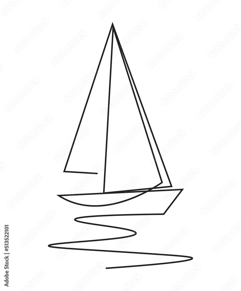 Yacht floating on water. Sailboat drawing with continuous line art. Outline drawing. One line drawing of sail boat. Minimalistic abstract illustration with single line.
