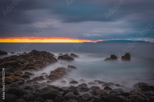 Sunrise on Reis Magos beach. Canico  Madeira  Portugal. October 2021. Long exposure picture