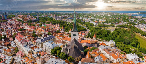 Beautiful panoramic view of Tallinn, the capital of Estonia with an old town in the middle of the city. Aerial Tallinn view.