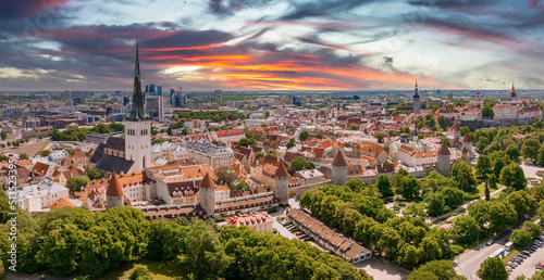 Beautiful aerial view of Tallinn old town. Medieval city in Northen Europe. The capital of Estonia. Beautiful Tallinn on a summer day.