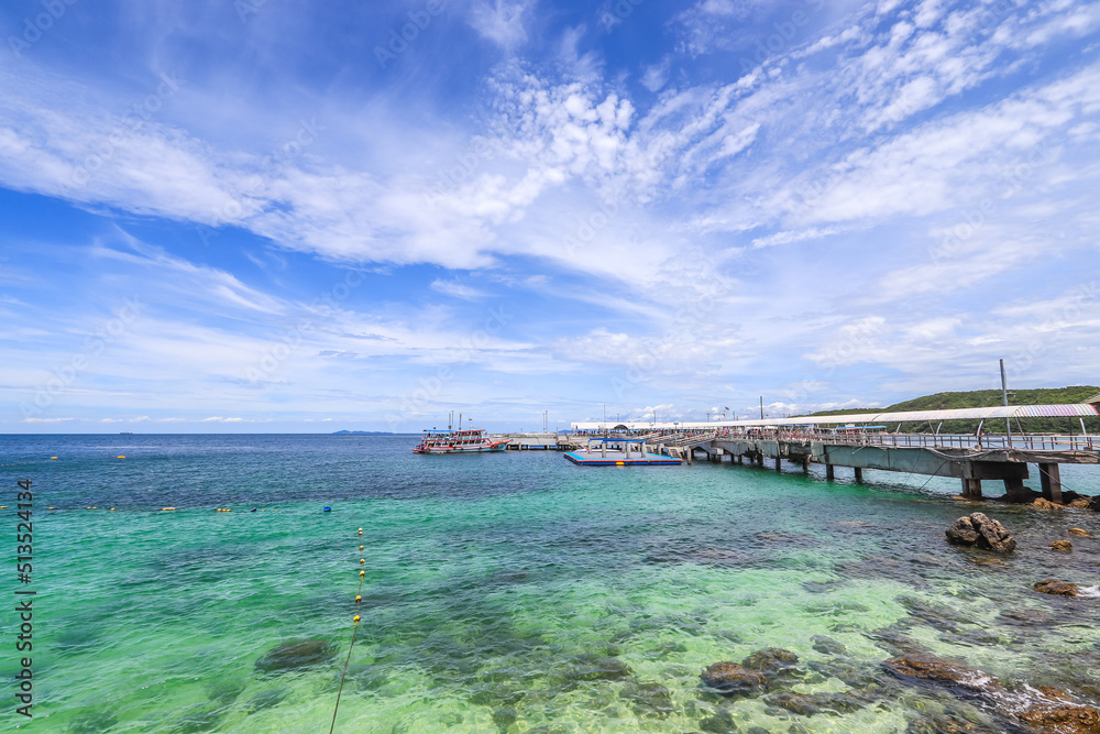 Koh Larn,Pattaya,Chonburi,Eastern Thailand on September 26,2020:Tawaen Pier as seen from Sangwan Beach. Koh Larn,Pattaya,Chonburi,Eastern Thailand on September 26,2020:Tawaen Pier as seen from Sangwan Beach.