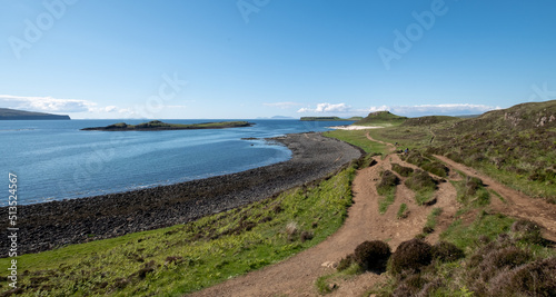 Panoramic view of the Dunvegan coastline in north west Skye  Scotland UK  with Claigan Coral Beach in the distance. The beach is made of crushed white coral.