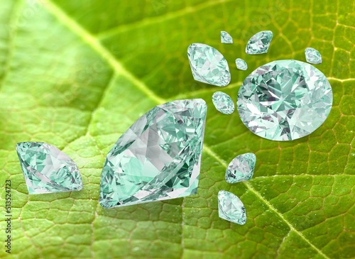 Clean Round Diamond on Green Leaf Background photo