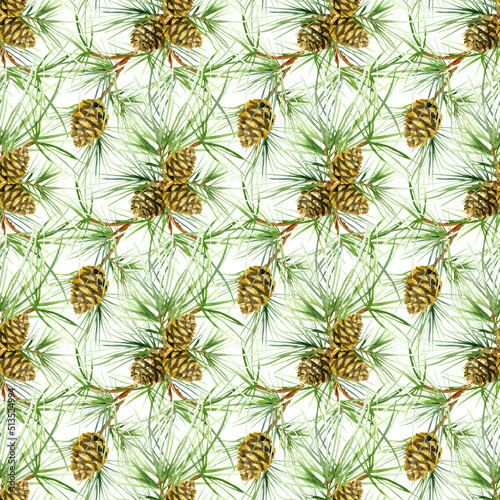 Seamless pattern of pine tree branches with cones and needles. Watercolor illustration isolated on a white background