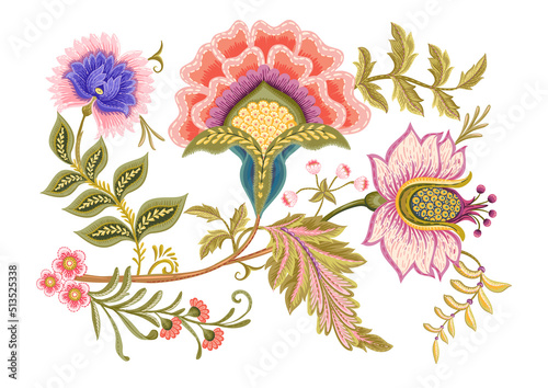Fantasy flowers in retro, vintage, jacobean embroidery style. Element for design. Vector illustration.