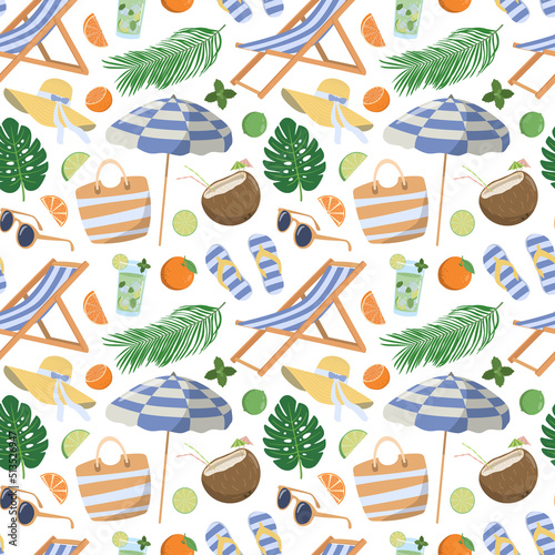 Cartoon tropical summer beach elements seamless pattern. Topical leaves, sling chair, parasol, drinks, fruits. Great for wallpaper, textile, and print. Isolated on white background.