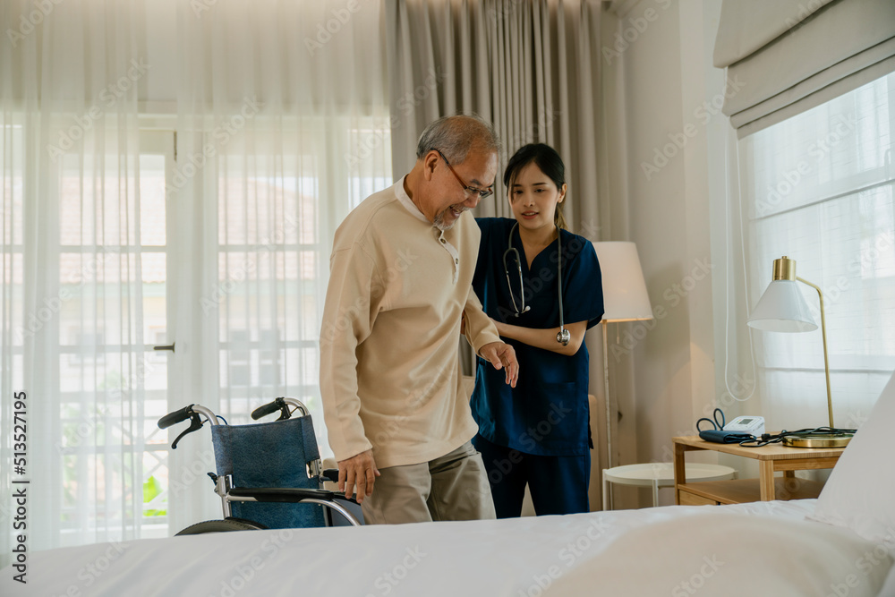Elderly man with caregiver in nursing home. Elderly man with caregiver in nursing home.