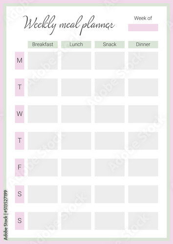 Weekly meal planner. Printable template. Vector illustration.